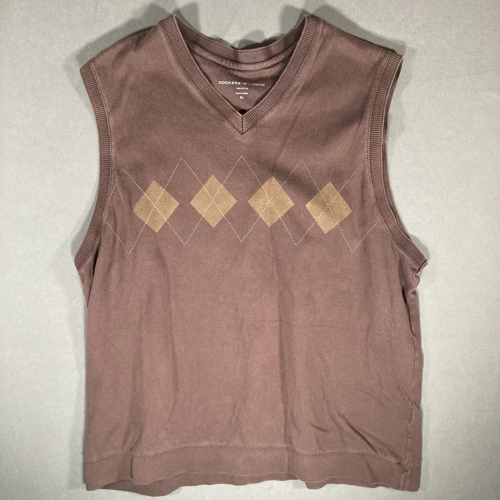 Dockers Sweater Vest Mens XL Brown Argyle‎ V Neck Cotton Preppy Classic